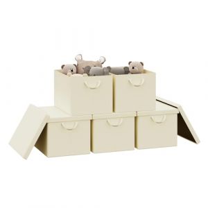 WOLTU Boîte de Rangement Pliable, Lot de 5 Paniers de Rangement en Tissu Non-Tissé, avec Poignées et Couvercle, pour Vêtements et Jouets, Crème, 48x36x30cm (WOLTU GmbH, neuf)