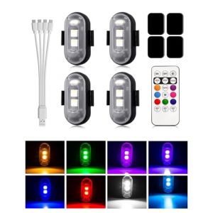 BrightArk Lot de 4 LED Lampe Stroboscopique pour Voiture Mini LED avec Télécommande sans fil 8 Couleurs Trois Luminosités et Chargement USB pour Drone, Vol de Nuit (BrightArk-EU Direct, neuf)