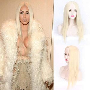 Perruque pour carnaval, vie nocturne, fête, déguisement, beige, doré clair, point central, perruque de cheveux raides pour femme, kardashian, même style, lin platine, naturel (good stuff A, neuf)