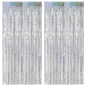 Rideau Anniversaire Argent Paillette, 2 Pièces Rideau Métallique Tinsel Argent, Rideaux à Franges en Aluminium Fond de Photo pour Decoration Anniversaire Mariage Noël Fête (JINGMINGHE, neuf)