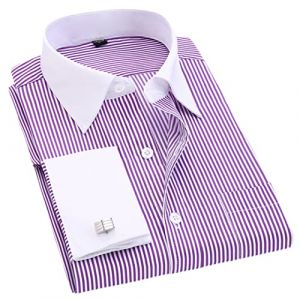 Rayé pour homme Boutons de manchette français décontracté manches longues col blanc chemise mariage smoking chemise FS12 rayures violettes taille XL asiatique (BUMUQ, neuf)