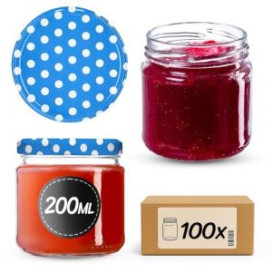 KADAX Lot de 100 petits pots de conserves de 200 ml fi66 mm mini pots à miel et épices, bocaux hermétiques, bocaux à conserves, bocaux à conserves, bocaux ronds (bleu à pois) (KADAX, neuf)