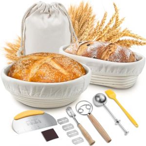 Banneton pour Pain, Sopito Corbeille a Pain (23cm Ronde et 24.5cm Ovale) avec Grattoir &agrave; P&acirc;te, M&eacute;langeur &agrave; P&acirc;te, Lame &agrave; Pain, Tamis &agrave; Sucre, Id&eacute;al Set de Paniere a Pain pour les Pains et Levains (Sopito, neuf)