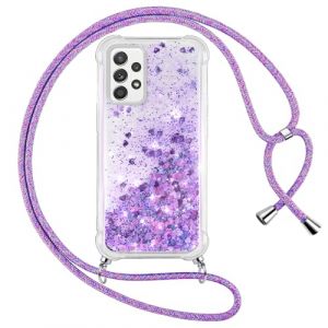 Vauki Coque pour Samsung Galaxy A52s 5G/A52 4G/5G avec Cordon, Paillette Liquide Transparent Crystal Glitter Housse, Protection Antichoc Silicone Souple TPU Bumper Case,R&eacute;glable Collier, Violet (HARMONIQUE WAY, neuf)