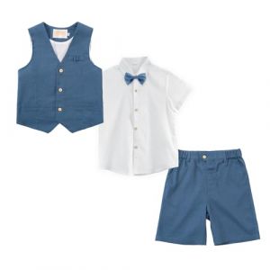 LOLANTA 4 pi&egrave;ces Costume Garcon Mariage Ete, Tenue Enfant Garcon Ceremonie, V&ecirc;tement Bapt&ecirc;me Anniversaire Gar&ccedil;on Page, Ensemble Costume Short Lin Gile Chemise avec n&oelig;ud Papillon, Bleu, 8-9 Ans, 140 (LOLANTA, neuf)