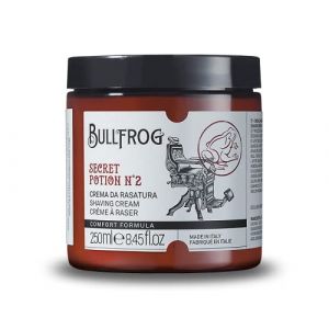 Bullfrog Crème de Rassage Secret Potion N.2 "Comfort" - Adoucit la Barbe - Laisse la Peau Fraîche et Lisse - Notes Épicées et Ambrées - Fabriqué en Italie - 250 ml (KOVAS RETAIL FRANCE, neuf)