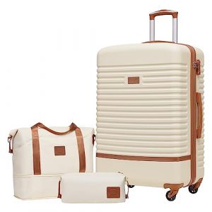 COOLIFE Valise Trolley Valise de Voyage en ABS Coque Rigide Trolley 4 Roues Serrure TSA La Valise Contient 1 Sac de Voyage et 1 Trousse de Toilette (Blanc/Marron, Lot de 3 Grandes valises) (Coolife EU Directly, neuf)