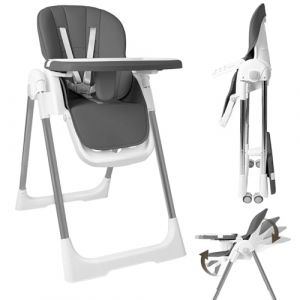 Chaise haute bébé pliante 4en1, 4 Positions d'Inclinaison, Hauteur réglable, Chaise haute enfant avec plateau amovible et roulettes, évolutive avec ceinture à 5 points, Gris (Kidsgigglz Shop, neuf)