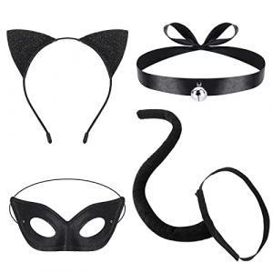 Hifot 4 pi&egrave;ces D&eacute;guisement Chat Femme,Oreille de Chat Serre Tete Collier Masque Queue Chat Bandeau Cheveux de D&eacute;guisement pour F&ecirc;te Carnaval Halloween Anniversaire Cosplay (Bpeow eu, neuf)