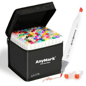 AnyMark Feutres a Alcool à pointe pinceau, 100 + 1 couleurs, double pointe pinceau et biseautée, Marqueurs à alcool artistiques avec étui, idéal pour dessin, illustration, croquis, coloriage (AnyMark, neuf)