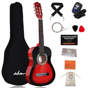 ADM Kit de guitare classique 3/4 pour enfants, d&eacute;butants &agrave; partir de 9 ans avec sac, accordeur &agrave; clipser, sangle, m&eacute;diators, cordes suppl&eacute;mentaires, sac de rangement et chiffon de nettoyage (rouge (GZAiyun, neuf)
