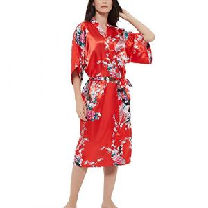 Robe kimono en satin pour femme avec imprimé rose paon, Paon floral rouge, 3XL grande taille (Roobees, neuf)