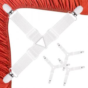 Qufiiry 4 Pcs Tendeur Drap Housse, Blanc Attache Drap Housse, ttache Sangle de Maintien Ajustable avec Pinces Métalliques, Tendeurs De Drap pour Drap Lit, Canapé, Housse de Repassage (Superstring theory, neuf)
