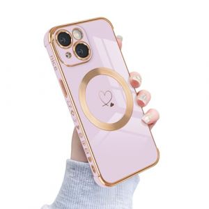 Coque Magn&eacute;tique iPhone 15 &Eacute;tui pour Femmes Filles [Compatible avec MagSafe] Motif C&oelig;ur Mignon Plaqu&eacute; Or Edge Cover Flexible Silicone Antichoc Housse de Protection pour iPhone 15-Violet (NewseegoUK, neuf)