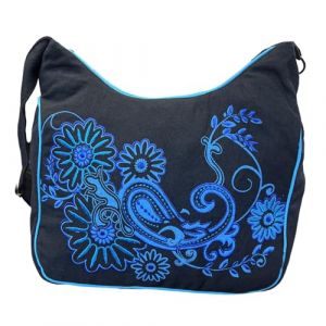 Macha Sac à bandoulière en coton, tapisserie unique avec broderie florale, sac à bandoulière, sac hippie, sac bohème, Bleu., Dimensions : 23 x 28 x 12 cm (Ethnique mode, neuf)