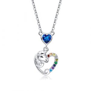 Qings Collier Licorne Pendentif pour Fille Princesse Colliers Coeur Saphir Bleu Pierres de Naissance Argent Cristal Bijoux pour Femme Filles Petite-Fille Cadeau Septembre Anniversaire Noel (Jiemeihui EU, neuf)