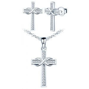Yumilok collier femme fille, boucles d'oreilles femme, ensemble de bijoux, collier pendentif et boucle d'oreille croix symbole d'infini, collier et clou d'oreille en argent 925, zircon incrust&eacute; (Yumilok, neuf)