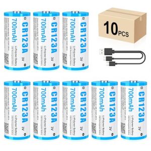 Lot de 10 piles au lithium CR123A 3 V rechargeables par USB, jusqu'à 3000 cycles avec port de charge USB-C, charge rapide en 2 heures, batterie 123 A 700 mAh pour serrure de porte, empreintes (HITRENDS-FR, neuf)