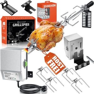 KESSER® Set de brochettes universelles en acier inoxydable 107 cm pour barbecue à gaz Weber Spirit avec 4 aiguilles à viande, pince à viande, poignée et moteur - Broche électrique 220 V - 240 V (WMK Trading GmbH, neuf)