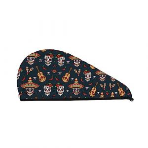 Serviette de séchage des cheveux imprimée tête de mort mexicaine Capuchon de cheveux secs en velours corail absorbant à séchage rapide avec bouton fixe pour sécher les cheveux longs et épais (DoubleShopShow, neuf)