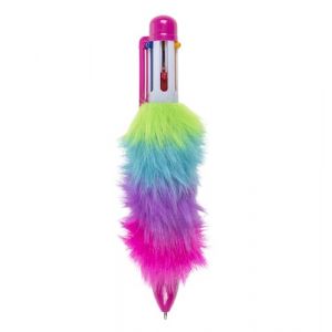 Mister Curiosities Stylo fourrure arc-en-ciel - Stylo pompon peluche multicolore - Écriture 6 couleurs, bleu, rouge, jaune, vert, violet et noir (Mister Curiosities - Vendeur Français, neuf)