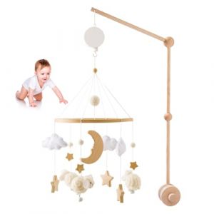 Mobile Musical Bébé, Mobile Bébé Bois, Mobile Lit Bébé Mouton avec Support Mobile Bébé Réglable et Boîte à Musique, Chambre de Bébé Cloche de Lit,Décoration de Berceau Garçon et Fille (Beige) (iShang Direct, neuf)