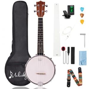 Mulucky Banjolele MBU-808 Ukul&eacute;l&eacute; banjo &agrave; 4 cordes Taille concert 58,4 cm Dos en bois massif ferm&eacute; Kit d&eacute;butant avec barre de r&eacute;glage Sac de transport Tuner Sangle Picks (mulucky music, neuf)