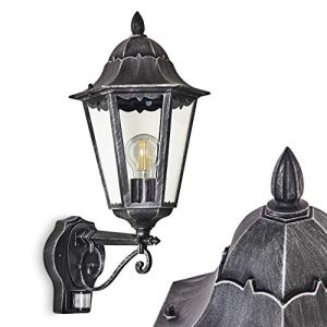 Applique murale ext&eacute;rieure Lignac avec d&eacute;tecteur de mouvements, applique vintage en fonte d'aluminium noir/argent et verres transparents pour 1 ampoule E27, ampoule(s) non incluse(s), IP44 (hofstein, neuf)