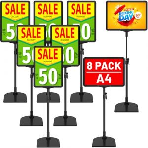 VAIIGO Lot de 8 Pr&eacute;sentoirs A4 sur Pied R&eacute;glables - Porte Affiche et Support de Menu Publicitaire - Supports d'affiche pour Comptoir et Sol, Menu, Publicit&eacute;, Signalisation, Magasin et Bureau (WIIGO, neuf)