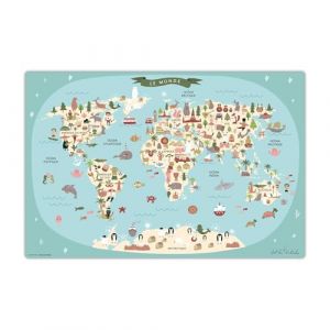 Sous-main effaçable pour enfants - Carte du monde bleue avec animaux en français - 60 x 40 cm - En vinyle de qualité supérieure (ASongman, neuf)