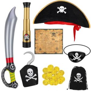 LATERN 8 Pièces Pirate Enfant Ensemble, Pirate Déguisement Accessoire avec Chapeau Crâne Tibias Croisés Cache-Œil Épée Carte au Trésor Télescope Gonflable Pièce D'or pour Enfants Pirate Fête Cosplay (QINGJIN-EU, neuf)
