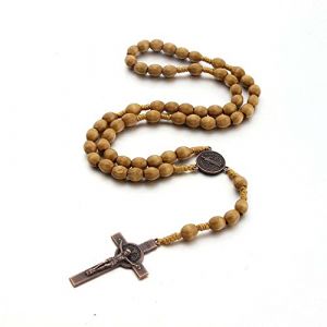 Runmeihe Collier Chapelet Croix Catholique, Perles de Pri&egrave;re en Bois Naturel avec Croix M&eacute;daille J&eacute;sus Christ Saint Beno&icirc;t, pour Chr&eacute;tiens Catholiques Communion Religieuse, Bapt&ecirc;me, Messe, Bible (HuangJin, neuf)