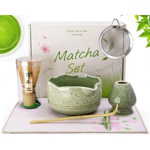 Matcha Kit, 7 Pi&egrave;ces Kit Matcha, C&eacute;ramique Bol Matcha Bec Verseur, Fouet a Matcha, Support Fouet Matcha, Cuillere Matcha, Filtre, Stand, Serviette &agrave; th&eacute;, Coffret Matcha Cadeau pour les amateurs matcha (Doublewhale-FR, neuf)