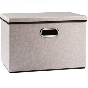 Prandom Grande bac de rangement pliable en lin avec couvercle,[lot de 1] Bo&icirc;te de rangement en tissu de lin d&eacute;corative,Panier Cube avec poign&eacute;es,Gris Clair (43x30x30cm) (PRANDOM_EUR, neuf)