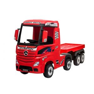 Camion &eacute;lectrique Mercedes Actros pour Enfants 12V avec Licence Si&egrave;ge en Cuir T&eacute;l&eacute;commande 2.4Ghz Roues en Caoutchouc Portes Ouvrantes Remorque Inclus Lumi&egrave;res LED Musique, USB Plein Optionnel Rouge (Indalchess, neuf)
