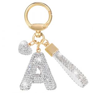 MWOOT Paillettes Porte Clé Lettre avec Strass, Argenté Initial Porte Clé Keychain, Porte Clef Lettre Sac Keyring Pendentif Décoratif, Brillant Porte Clef Voiture Charm, Porte Clé Cadeau pour Femme(A) (vetpw, neuf)