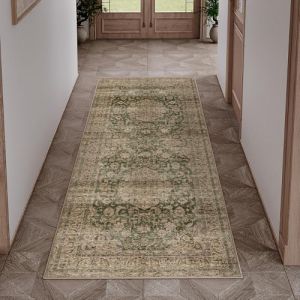 HUGEAR Vert Vintage Tapis Couloir 60x180cm Lavable en Machine Antidérapant Long Carpet Cuisine Descente de Lit Chambre Adulte Salon Salle a Manger Bureau Doux Poil Ras Carpette (RONGBEN, neuf)