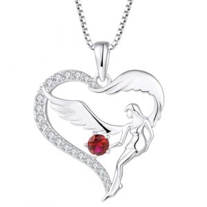 FJ Collier Coeur Femme Ange Gardien Collier Argent Sterling 925 Pendentif Ailes d'Ange Collier Pierre de Naissance Juillet Rubis Cadeaux de Bijoux pour Femme Fille (Farjary Jewelry, neuf)