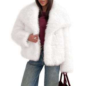 Manteau en fausse fourrure pour femme veste en fausse fourrure moelleuse &agrave; manches longues revers vestes d'hiver en fourrure shaggy parka manteau court (Blanc,M) (Weizhenkeji, neuf)