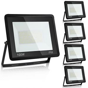 Ikodm Projecteur LED 5pcs 100W Spot LED Extérieur Super Lumineux 6000K Blanc Froid 8500LM, IP66 Étanche Extérieur pour Terrain de Sport Garage Arrière Cour Arbre Lumière [Classe énergétique A++] (GreenThumbs EU, neuf)