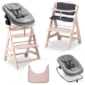 hauck Chaise Haute B&eacute;b&eacute; Evolutive en Bois Beta+ Newborn Set Highchair Bouncer 3en1 &ndash; d&egrave;s la Naissance avec Transat Bebe, Coussin Assise et Plateau Repas &ndash; Whitewashed (babyartikel-de, neuf)