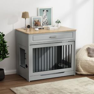 DAWNYIELD Meuble pour Cage de Chien, Cage en Bois avec Porte Coulissante et Tiroir, Meuble D'int&eacute;rieur pour Chien, Table D'appoint avec Gamelle Pivotante &agrave; 360&deg;, Gris (DAWNYIELD, neuf)