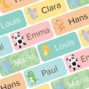 Wraplab Etiquettes autocollantes personnalis&eacute;es (70 pi&egrave;ces) pour &eacute;cole et fourniture scolaire - &Eacute;tiquettes crayon stylo rentr&eacute;e maternelle enfant imperm&eacute;able (Animaux de la jungle) (Wraplab, neuf)