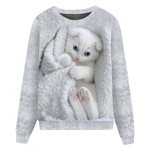 Generisch Tumblr Sachen Sweat-shirt pour femme avec motif animal, d&eacute;contract&eacute;, ample, mignon, imprim&eacute; chat, manches longues, col rond, pull pour femme motif, Blanc., S (⭐⭐⭐⭐⭐Five-Star⭐⭐⭐⭐⭐⭐, neuf)