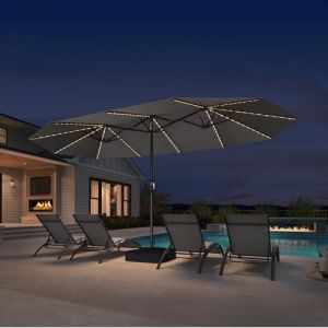 PURPLE LEAF Grand Parasol de Jardin Ext&eacute;rieur 4,55 x 2,7 x 2,4 m avec Pied et LED Solaire, Parasol Rectangulaire Double &agrave; Manivelle en Aluminium avec 12 Baleines pour Balcon, Caf&eacute;s, Gris Clair (PURPLE LEAF, neuf)