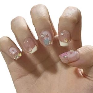 BaronHong Lot de 24 faux ongles à coller - Dégradé de couleur rose - Ballerine - Paillettes - Couverture complète - Réutilisables - (BY1154, M) (BaronHong, neuf)