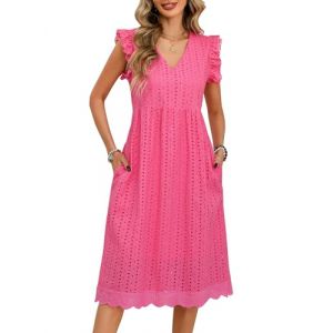 PASUDA Robe d'été pour Femme en Coton Col en V Robe Mi-Longue Chic Et Elegant Taille Haute Boheme Robe sans Manches Genou Robe de Plage avec Poches (Rose, L) (Amutoo, neuf)