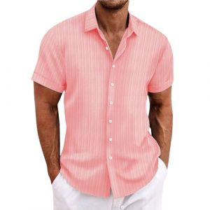 Chemise en lin pour homme - Manches courtes - Chemise en lin - Chemise de loisirs - Coupe droite - Chemise d'été avec col montant - Décontractée - Coupe droite - Chemise rayée, Rose, 3XL (runBel, neuf)