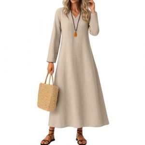 Robe Plage Femme,Jupe Midi Longue Bohème en Coton Et Lin pour Vacances Manches Longues Col en V Coupe Ample Lâche Grand Taille Style Vintage（01-Beige,XL） (JIEHUNNI, neuf)