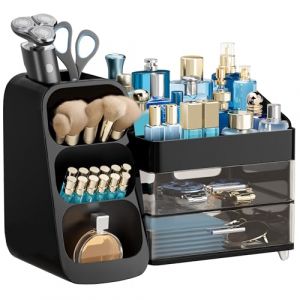 hblife Organisateur de Maquillage avec tiroirs, Organisateur de pinceaux, 3 en 1 Boîte de Rangement de cosmétiques en Plastique, Boîte de Rangement de Maquillage Grand Rangement Blanc+Gris (WEiodk, neuf)